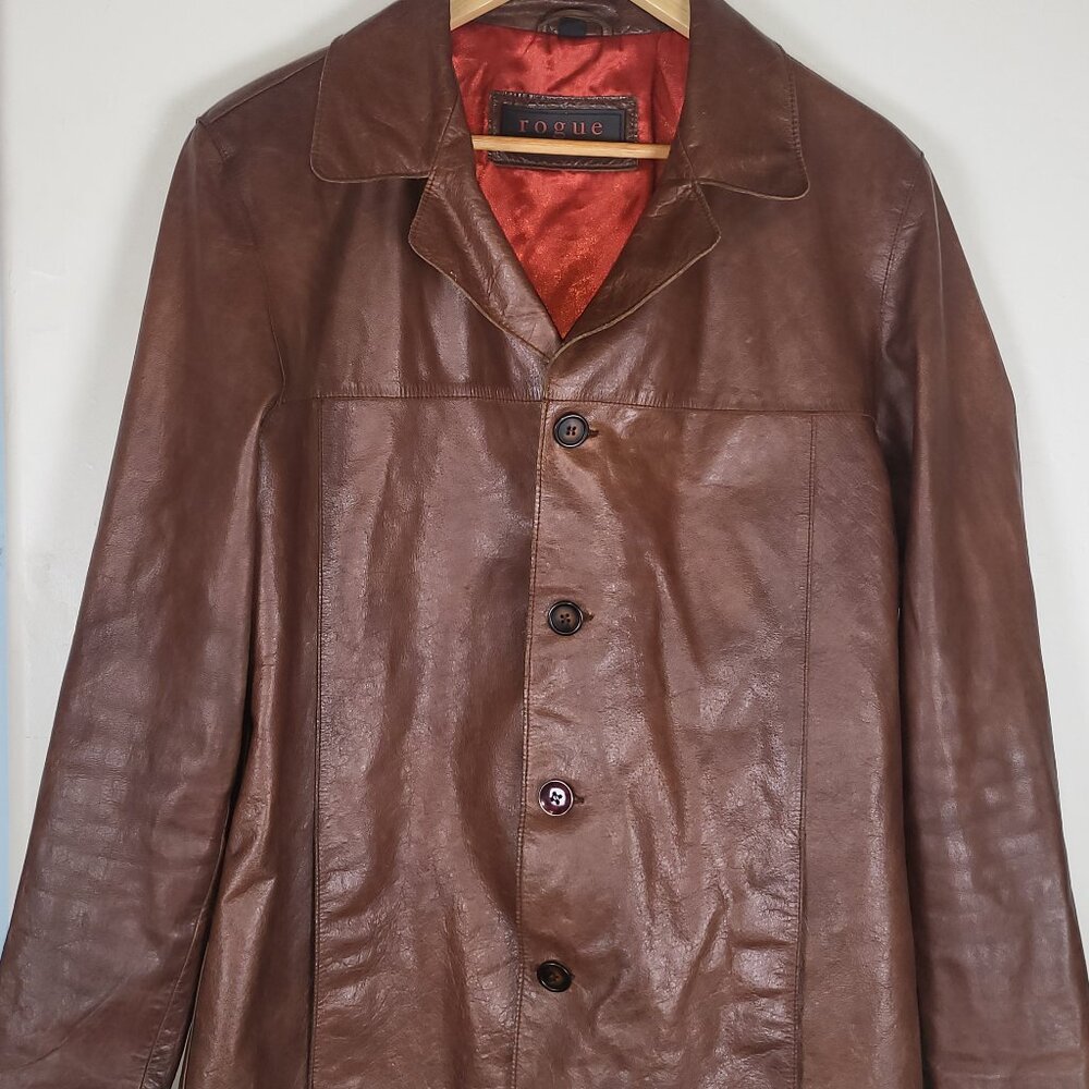 Vintage Sears Rogue Men’s Small Button Up Brown Leather Minimalist Matrix Retro